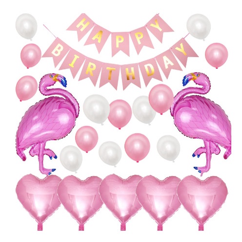 BANNER HAPPY BIRTHDAY SET BALON FOIL ANGSA PINK LOVE DEKORASI ULTAH FLAMINGO