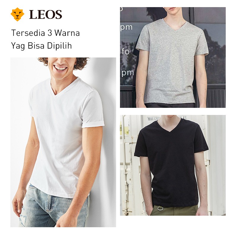 

LEOS Kaos polos kasual pria Kaos polos kerah V-neck fashionable bisa dipadukan dengan kemeja kaos