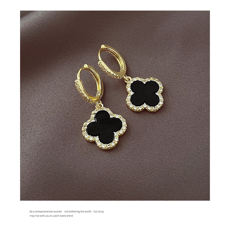 S925 Perak Jarum Zirkon Empat Daun Clover Drop Earrings