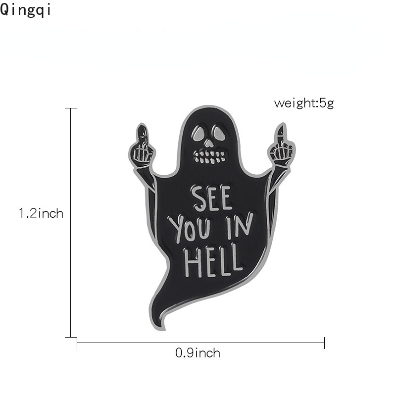 See You In Hell Bros Pin Enamel Desain Hantu Jari Tengah Tema Halloween