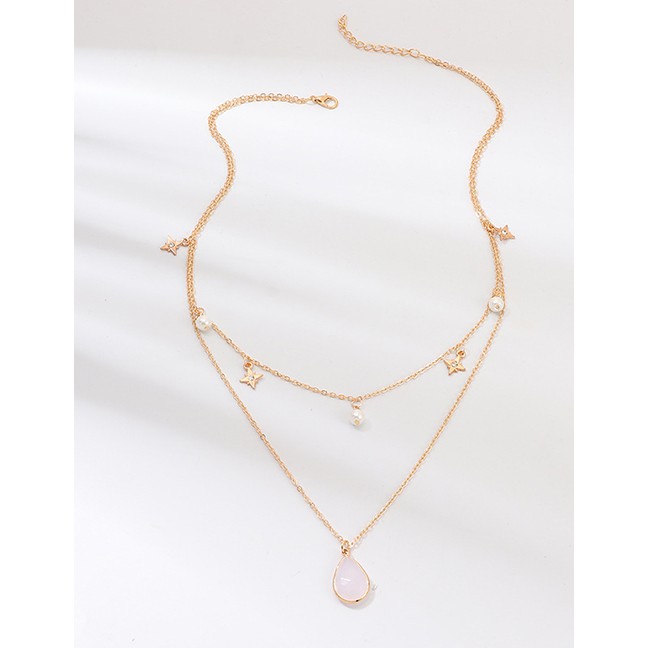 LRC Kalung Fashion Gold Star-studded Artificial pearl Gem Double-layer Necklace D34647