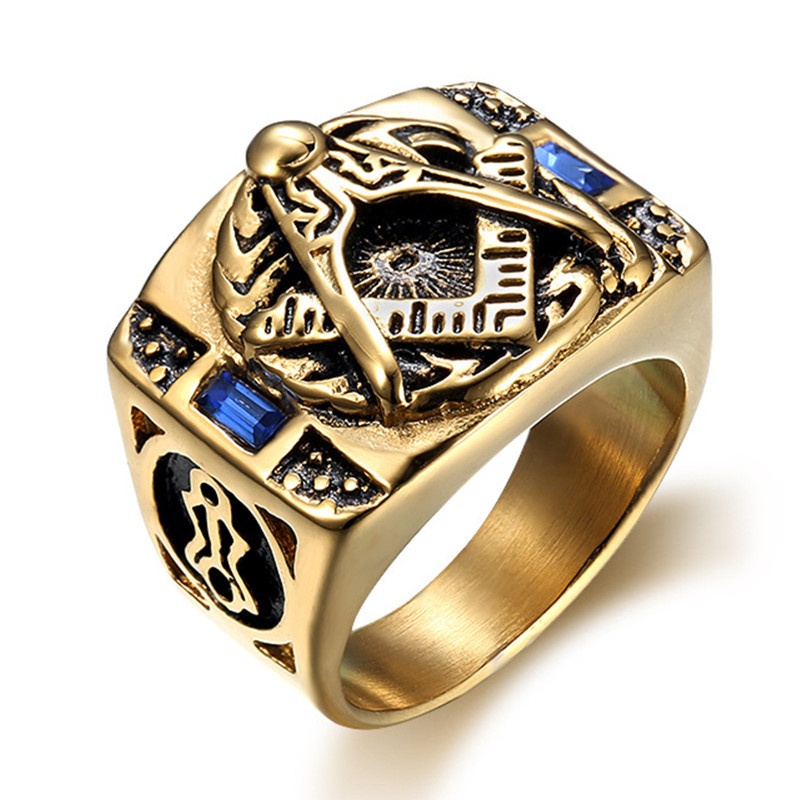 Men's Fashion Vintage Masonic Pattern Gemstone Ring Jewelry Accessories /Anniversary Gift