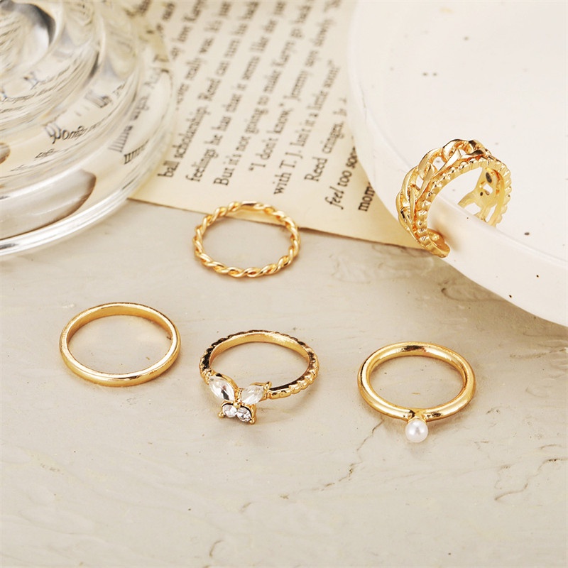 5pcs / Set Cincin Model Rantai Terbuka Desain Kupu-Kupu Aksen Mutiara Untuk Wanita