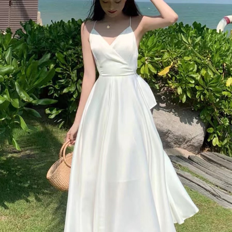 H7 D23/22 White dress pantai back less v neck / midi dress A line / sexy dress