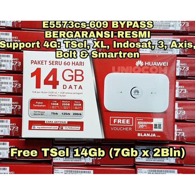 Mifi Router Modem Wifi 4G Huawei E5573 BYPASS Free Tsel 14Gb