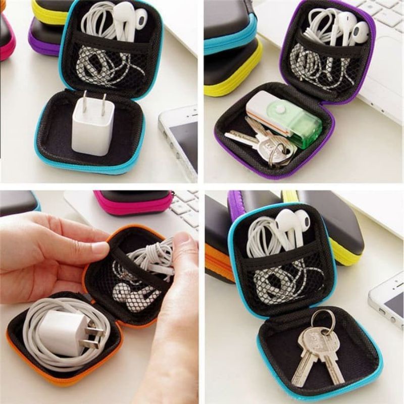 Dompet Pouch Persegi Tempat Penyimpan Headset Earphone Kunci Koin