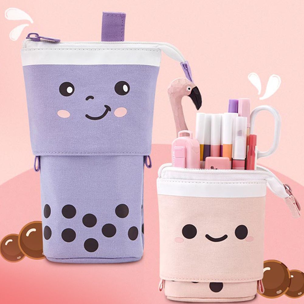 

Cute Milk Tea Pen Pencil Telescopic Holder Stationery Case Stand-up Transformer Bag with Kawaii Smil
