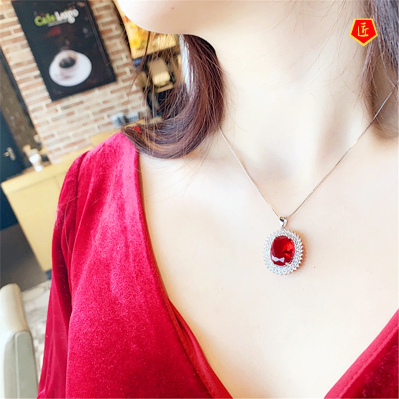 [Ready Stock]European and American Micro Inlaid Pigeons-Blood Ruby Necklace Elegant Fashion