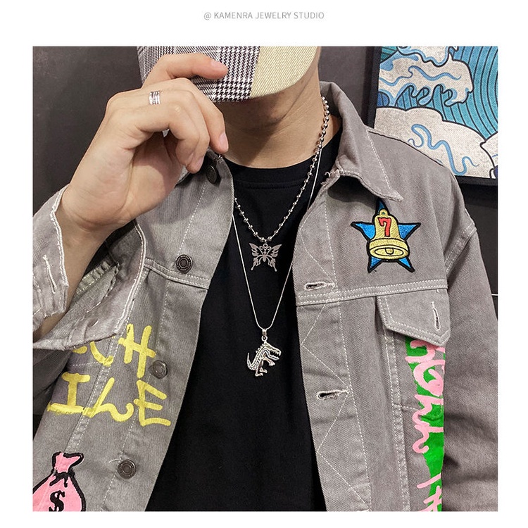 Kalung Kupu-kupu Ganda Stainless Steel Gaya Hip Hop Korea