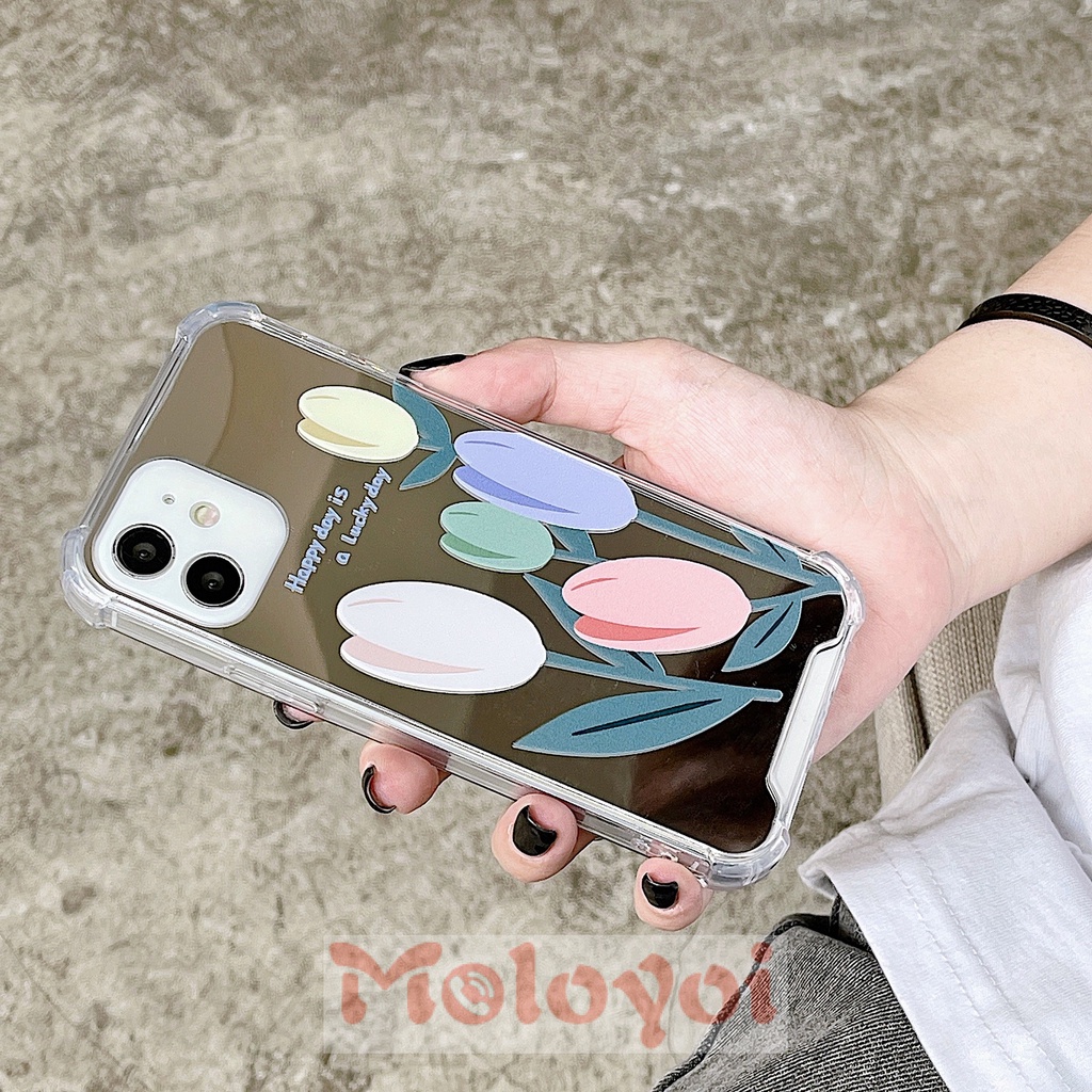 Soft Case Tpu Motif Bunga Tulip Dengan Cermin Untuk IPhone 11 Pro Max 7 8 13 11 12 Pro Max 7 Plus 8 Plus X XS Max XR SE 2020