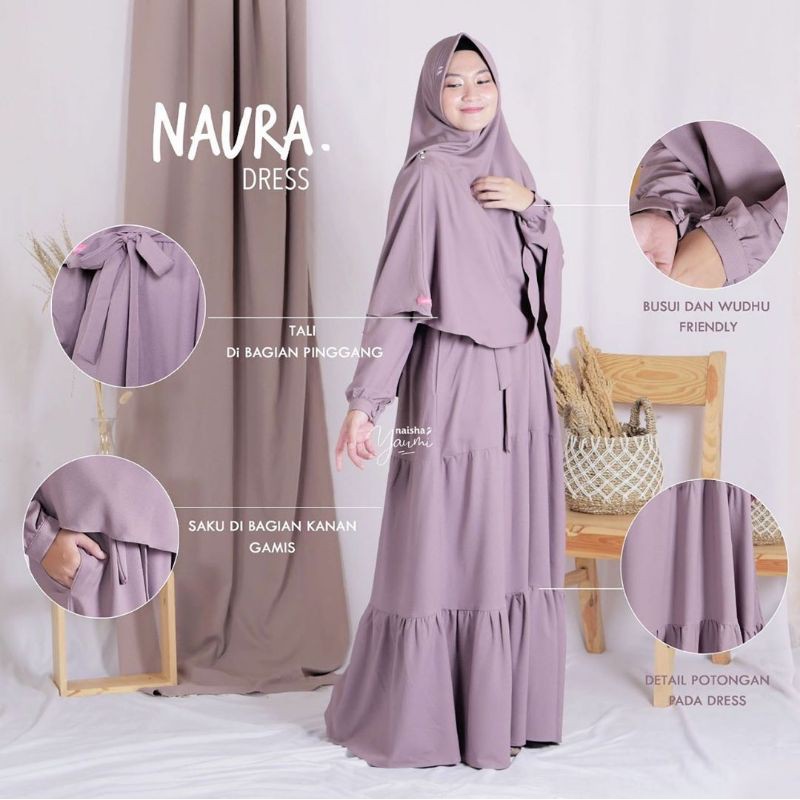 NAURA DRESS By Naisha/ Gamis Syari/ Dress Muslimah/ Gamis Polos/ Bahan Queen Strech