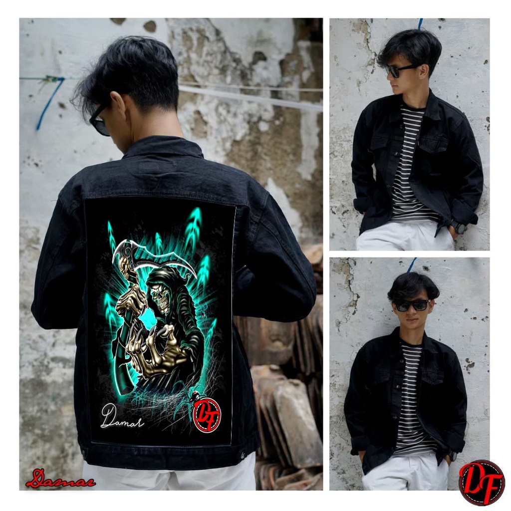 jaket jeans pria terbaru 2022 bergambar belakang doraemon hitam / jaket denim cowo keren/ jaket jeans printing cowo dewasa