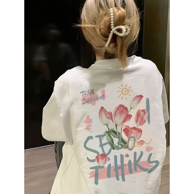 EUNII T-shirt Lengan Pendek Merah Muda Tulip Pencetakan Longgar Korean Style/Kaos Atasan Wanita/Baju Kaus Oversize Wanita