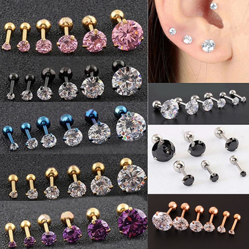 Anting Stud Kristal Zirkon 3 Cabang Bahan Stainless Steel Untuk Tulang Rawan