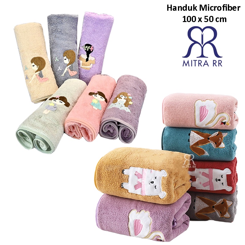 Handuk Mandi Microfiber Tanggung 50x100cm Microfibre Quick Dry Bordir Girls Animal