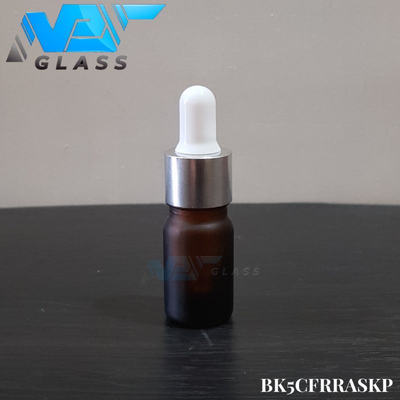 botol kaca pipet 5ml frosted / doff coklat amber - ring almunium silver