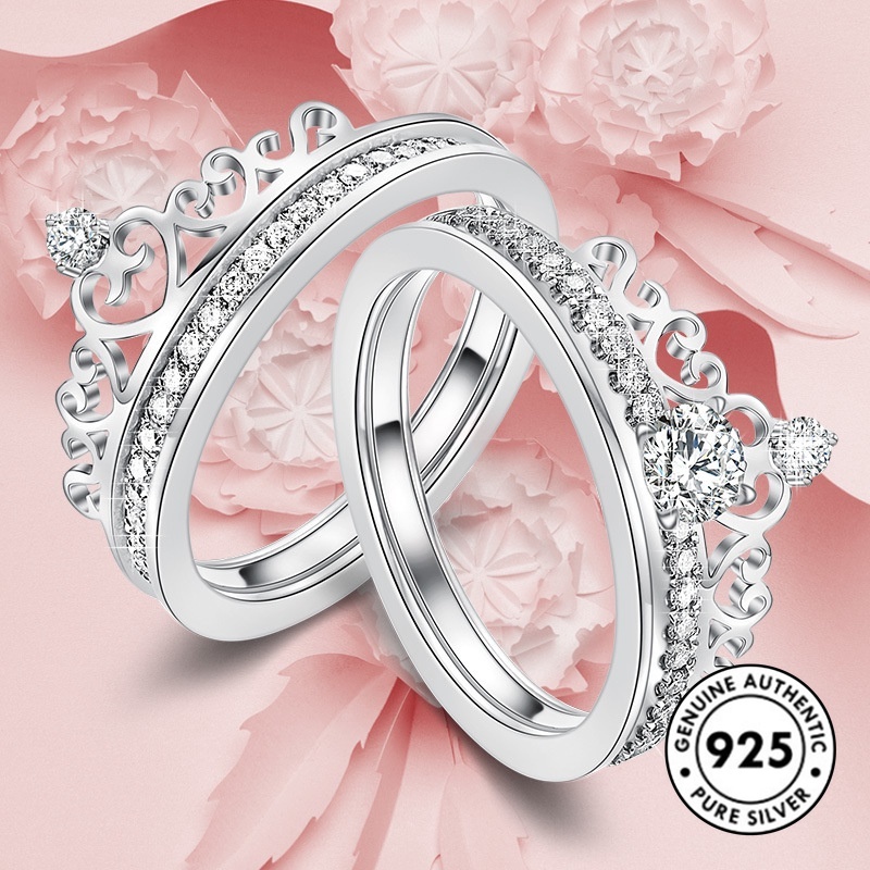 Set Cincin S925 Silver Bentuk Mahkota Aksen Berlian