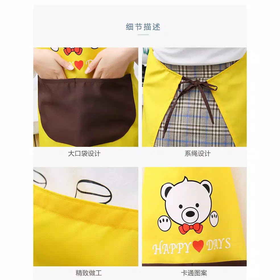 SM-Apron Waterproof Bear Happy Day / Celemek Masak dapur Waterproof Tahan Anti Air