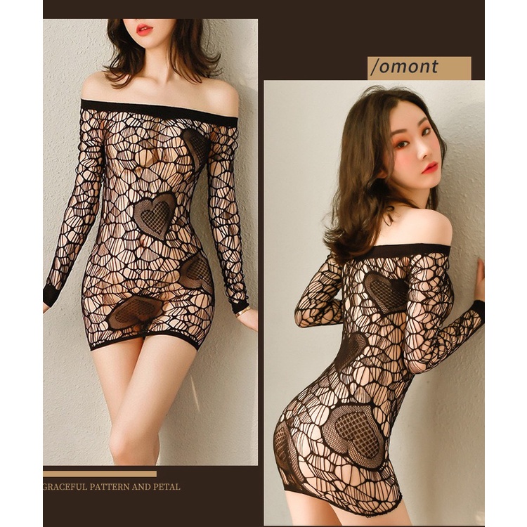 Wanita Lingerie Jaring Bahu Terbuka Lengan Panjang Cinta Transparan Teddy Gaun One Piece A525