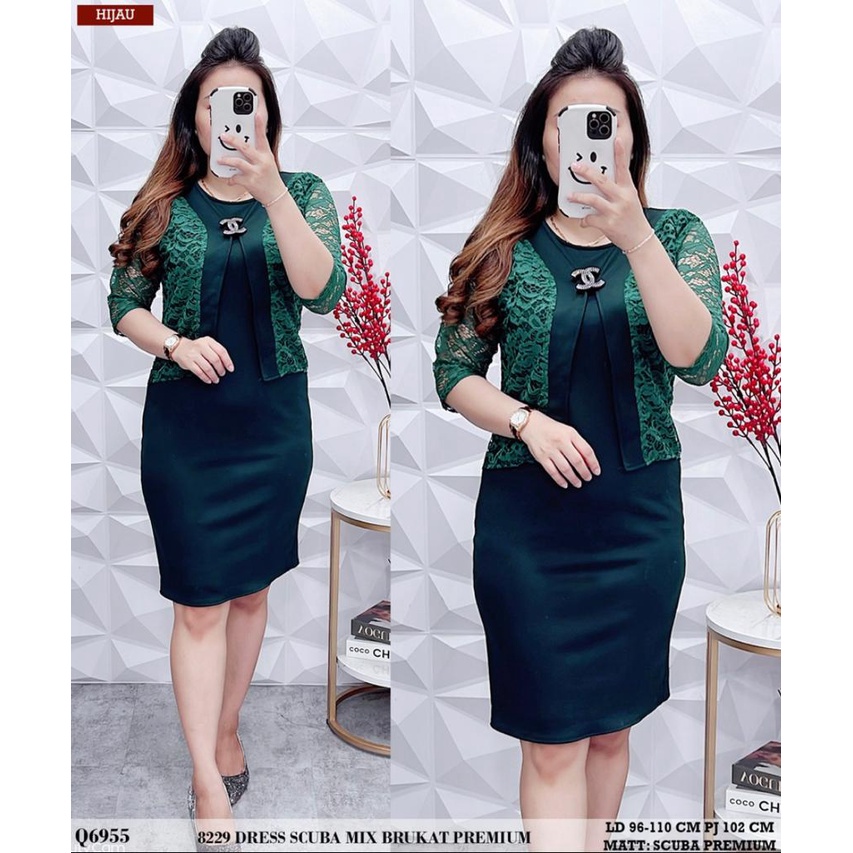 Baju Dress Wanita 8229 Bahan Scuba Import dan Brukat
