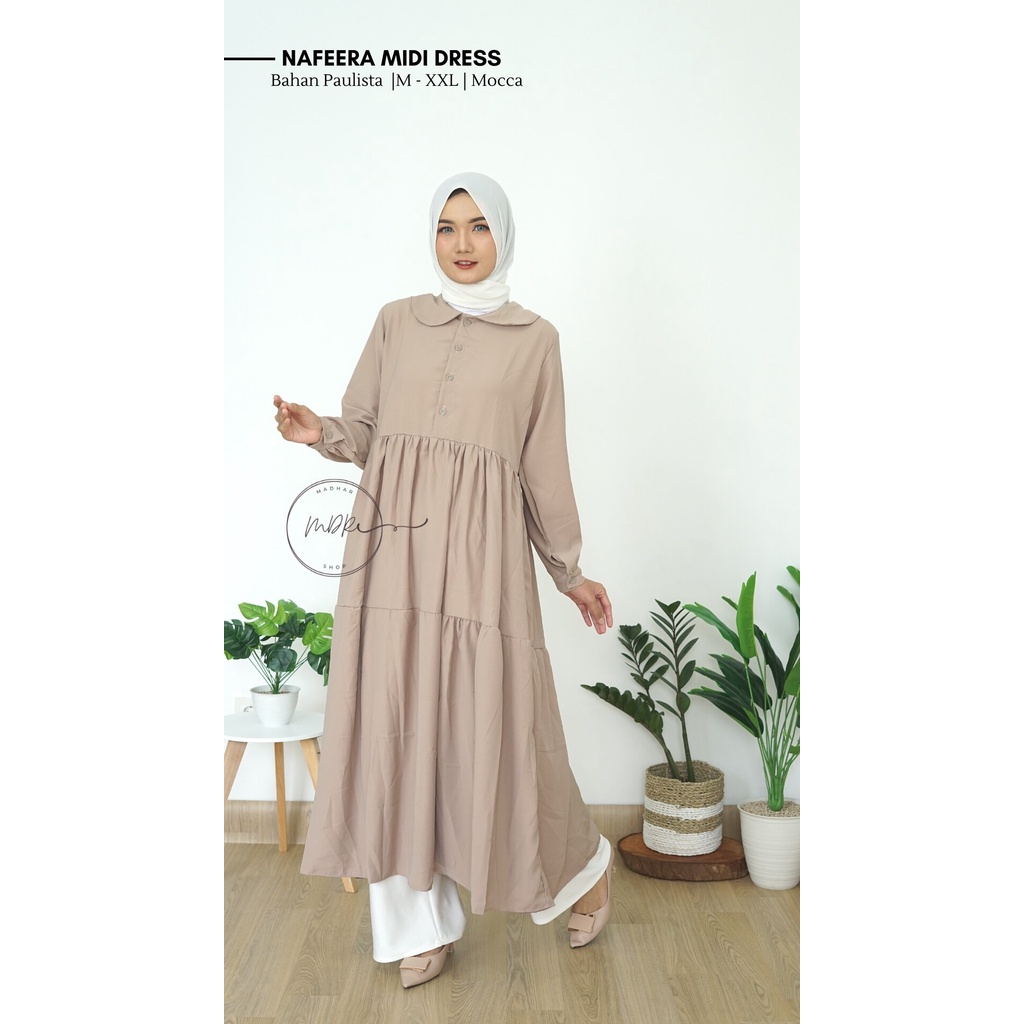 Nafeera Midi Dress Wanita Muslim Busui Jumbo Lengan Panjang Bahan Paulista Premium Size M L XL XXL Motif Polos Terbaru  Long Tunik rempel susun remaja Kekinian 2022