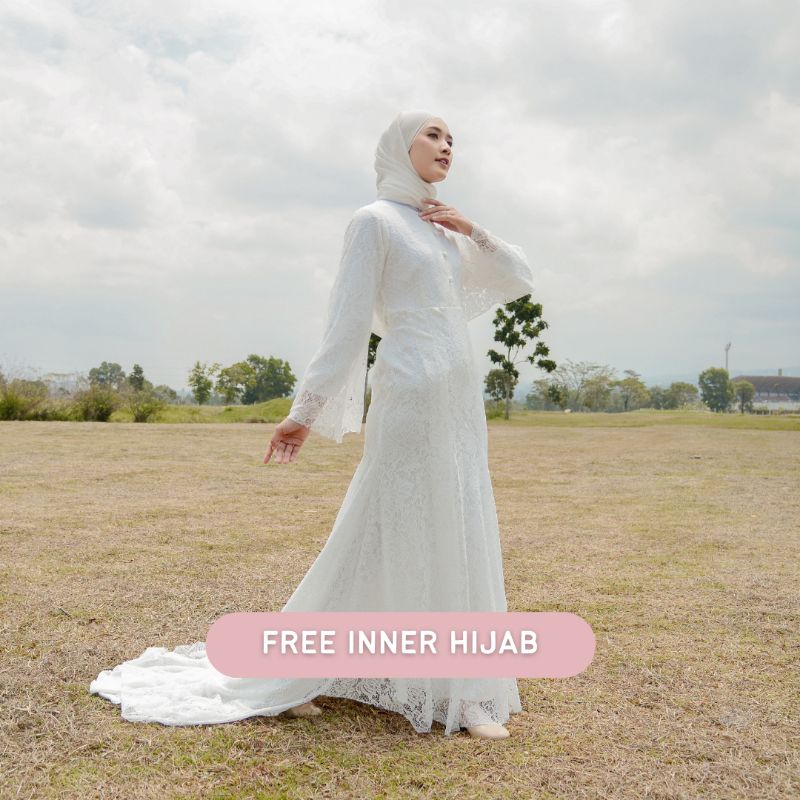 ELLADINE DRESS LONG TAIL BYGIAGIO gaun akad simple gaun wedding pernikahan baju muslim putih pakaian lamaran elegan pakaian wanita pesta elegan fashion korea dres lebaran cantik anggun mewah nyaman gaun vintage fashion dress bahan lace brokat halus furing