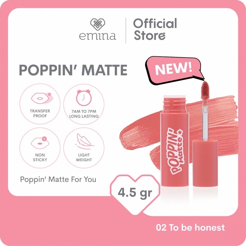 EMINA Poppin Matte Indonesia / Lipstick Facial Wash Face Scrub Micellar Essence Toner Serum Day Night Eye Cream Sunscreen Sheet Sleeping Clay Mask Masker Moisturizing Lip Tint Gloss / Bright Stuff Ms Pimple Acne Solution Sun Protection Battle Spf Paket