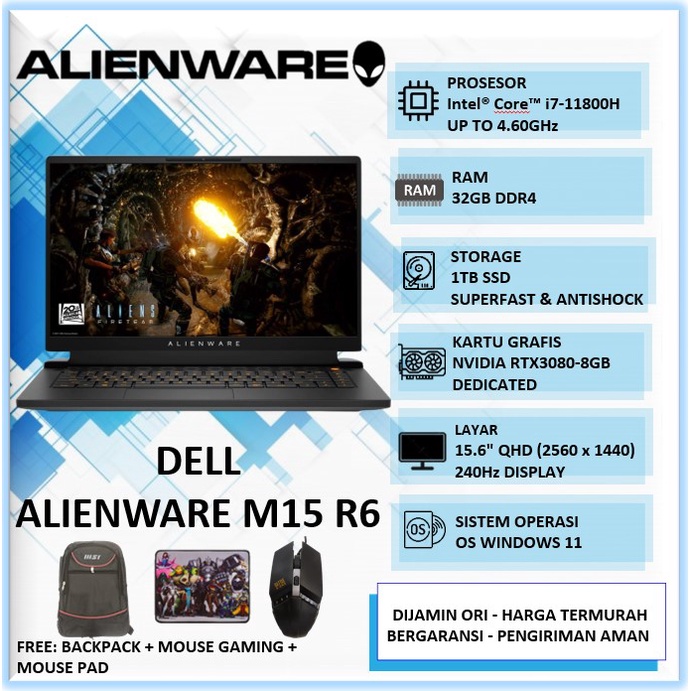 Laptop Gaming Dell Alienware M15 R6 Intel Core i7 11800H Ram 32GB SSD 1TB RTX3080-8GB 15.6" QHD 240Hz Win11Home Black