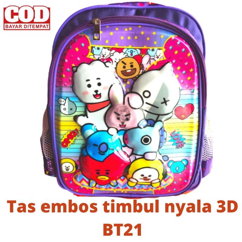 Tas Rangsel Anak BT21 3D Timbul nyala / Tas BT21 Lampu Glosir