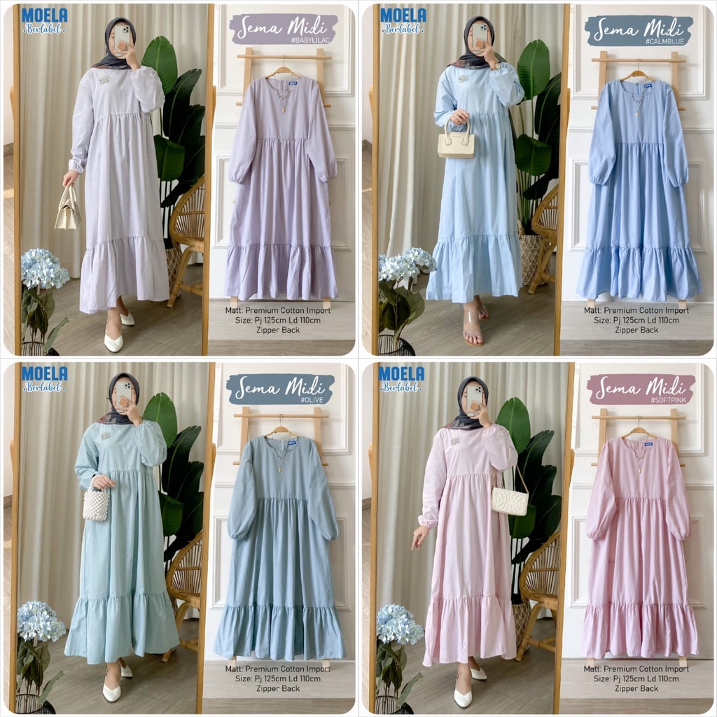 TERMURAH SEMA MIDI DRESS ORIGINAL BY MOELA BERLABEL/DRESS KATUN IMPORT REMPEL SUSUN/MIDI MOTIF POLOS