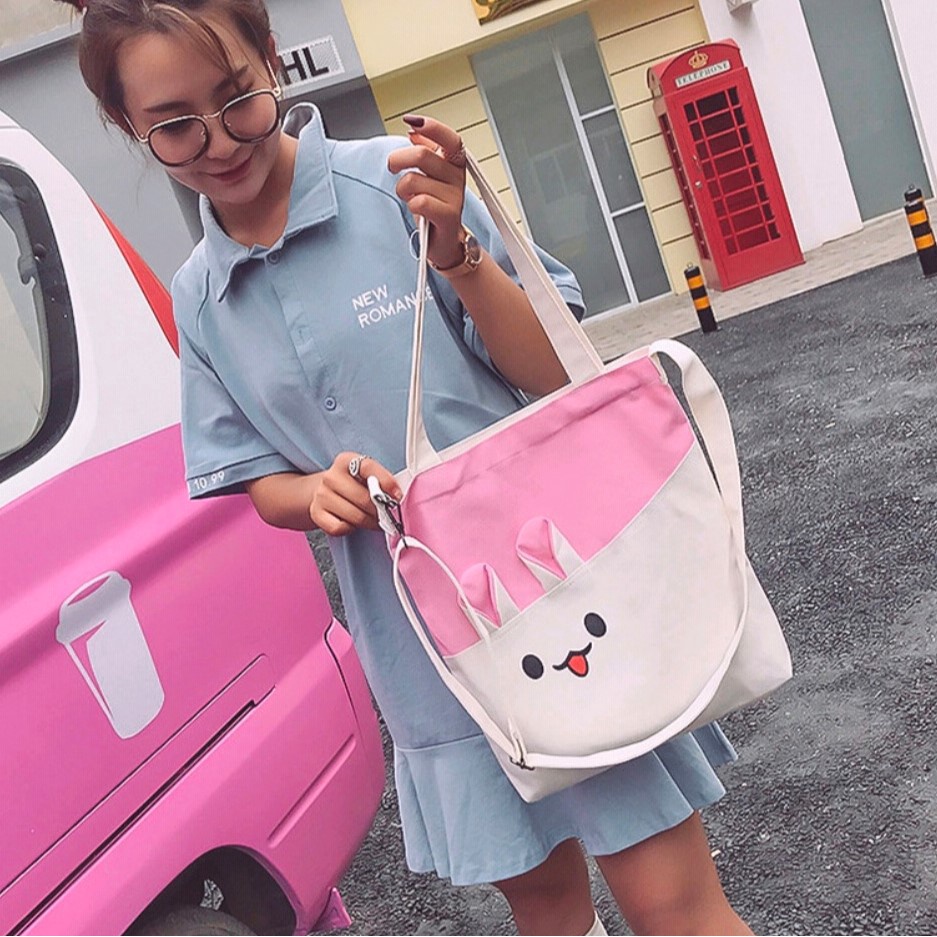 Twenty Bag - Tas Tote Bag Wanita Resleting Terbaru 2022 Aesthetic Kekinian Motif Carakter Rabbit Kelinci Korea Style Multifungsi