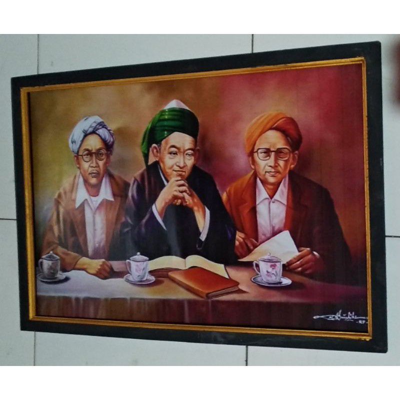 Bingkai murah lukisan cetak poster gambar kyai haji Hasyim Ashari ukuran 53x35