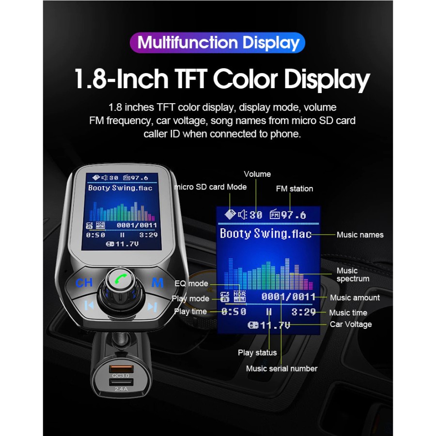 Bluetooth Audio Receiver FM Transmitter with USB Car Charger - E4354