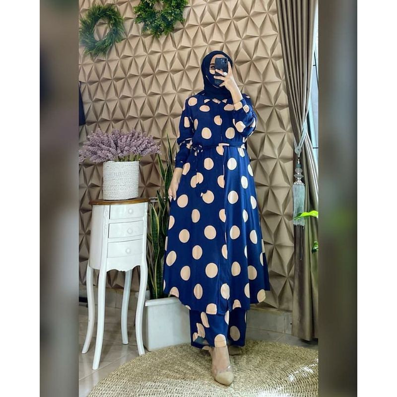 One Set/Setelan Tunik Wanita Motif Polka Bahan Matt Cotton Zara