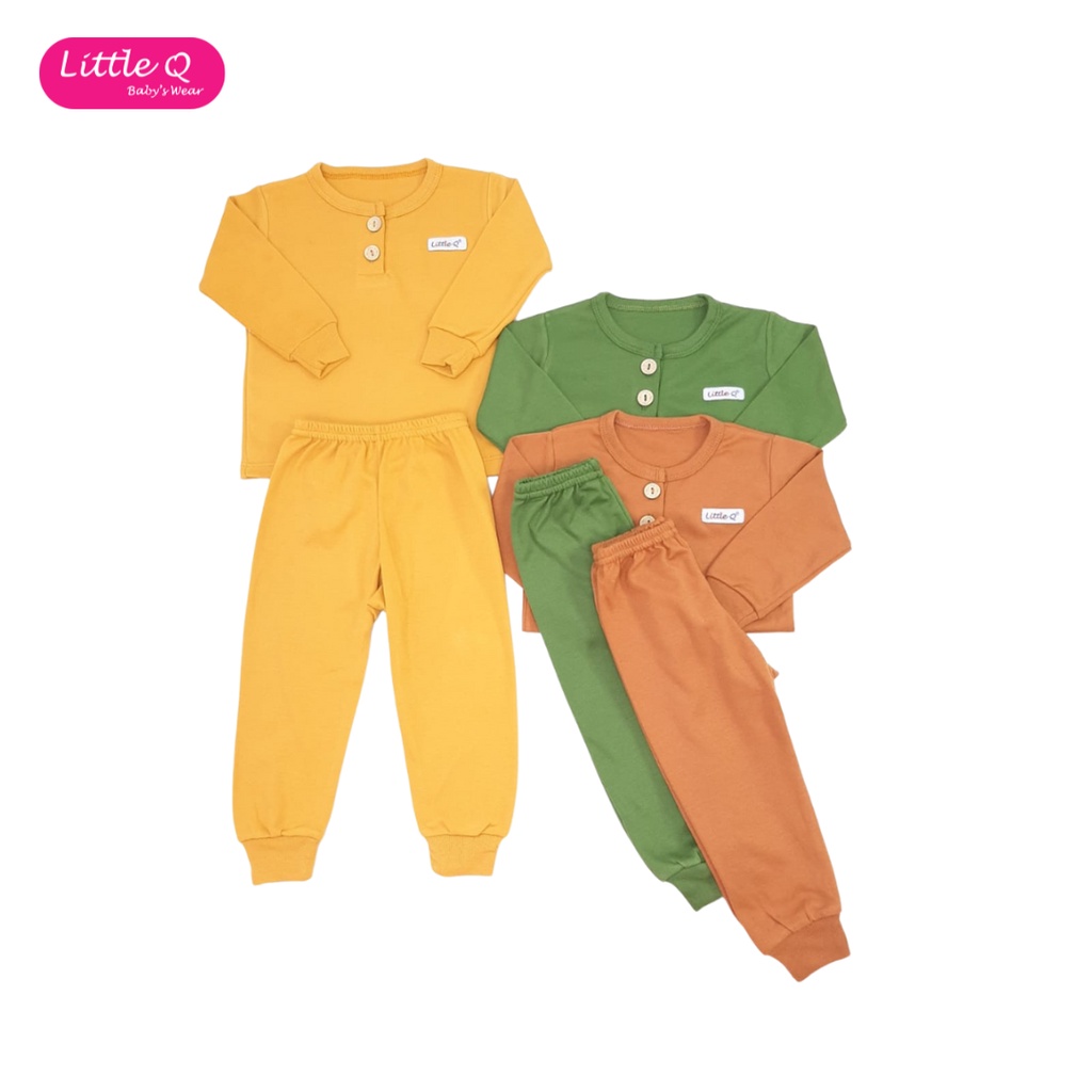 [Size SML] Little Q Plain Set Setelan Panjang Kancing Dada Celana Panjang Rib Isi 3pcs