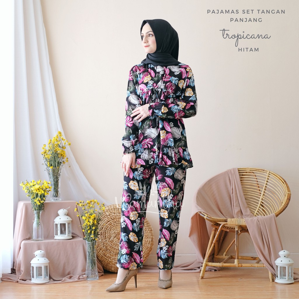 vSamantha - Pajamas Set / Piyama Set Muslim Rayon Rempel Busui Friendly - Tangan Panjang II-Tropicana Hitam