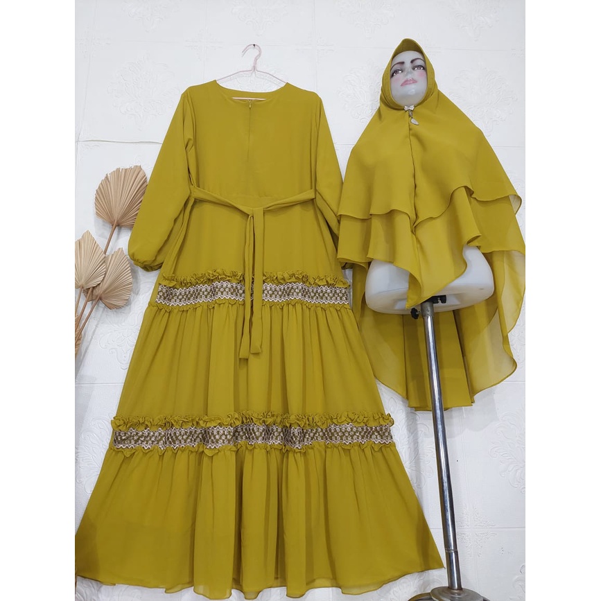 Gamis Ceruty Renda 2undak Terbaru Set Khimar | Gamis Syari Busui Ceruty Babydoll