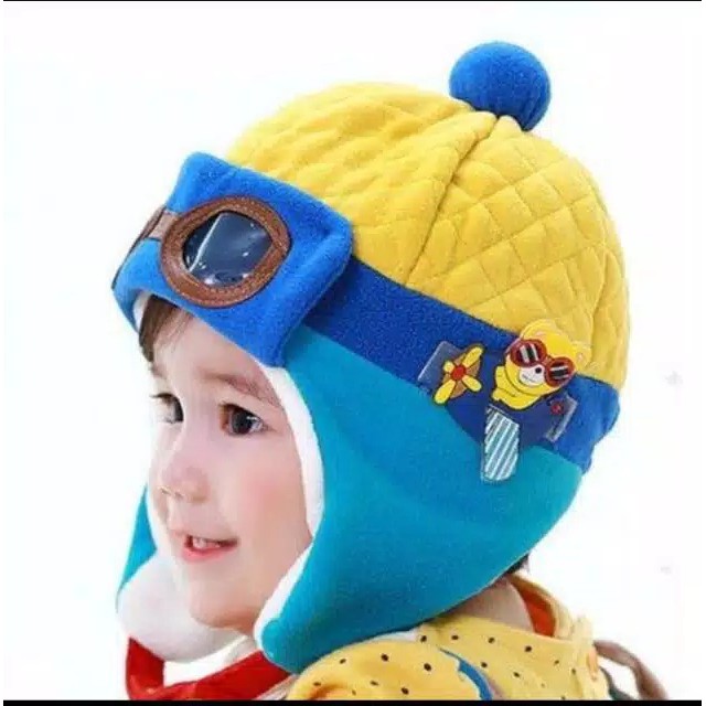 Topi kupluk anak bayi model pilot bahan beludru halus dan lembut topi pilot anak laki- laki dengan aplikasi bentuk beruang pesawat lucu dibagian samping bisa COD pemabayaran ditempat kupluk bayi hangat dan nyaman dipakai-3
