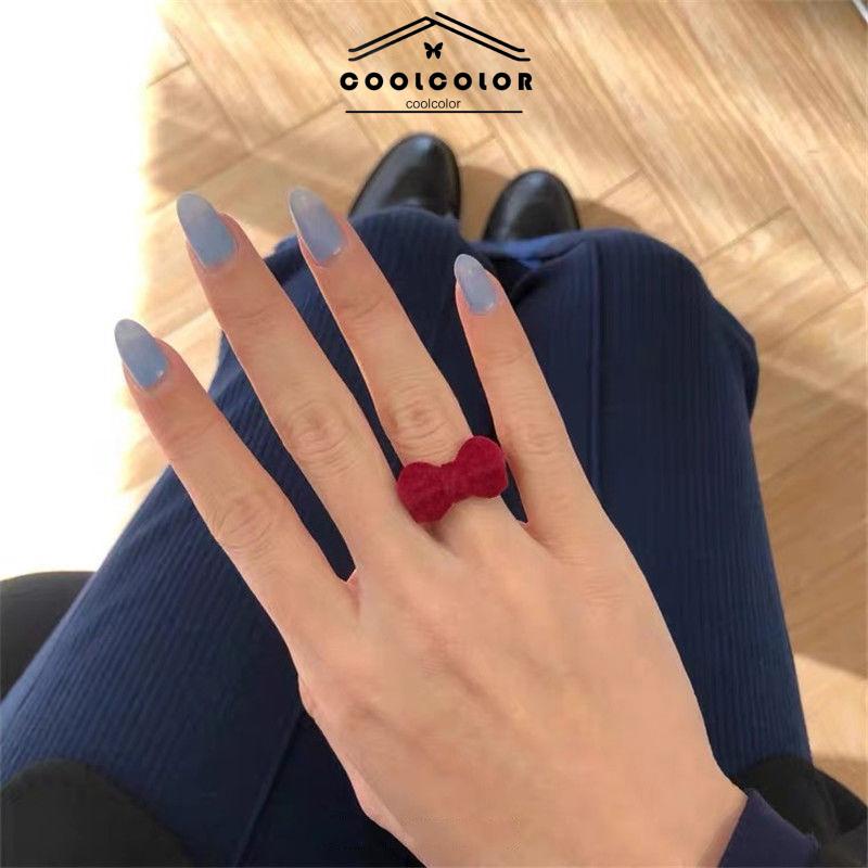 COD❤️Cincin Beludru Lucu Retro Berkelompok Busur Cincin Terbuka Manis Musim Gugur Musim Dingin Fashion Wanita Korea Import Murah