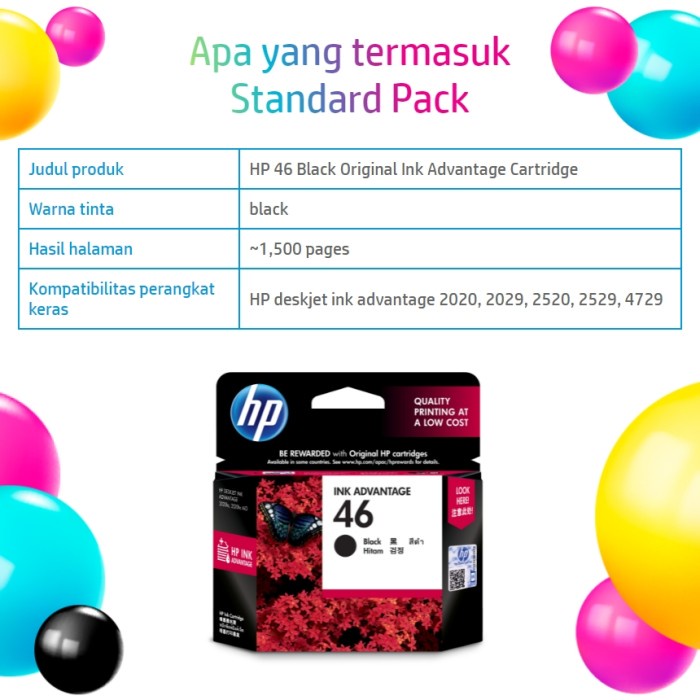 CARTRIDGE HP 46 BLACK / TINTA CATRIDGE HP46 HITAM ORIGINAL - RESMI