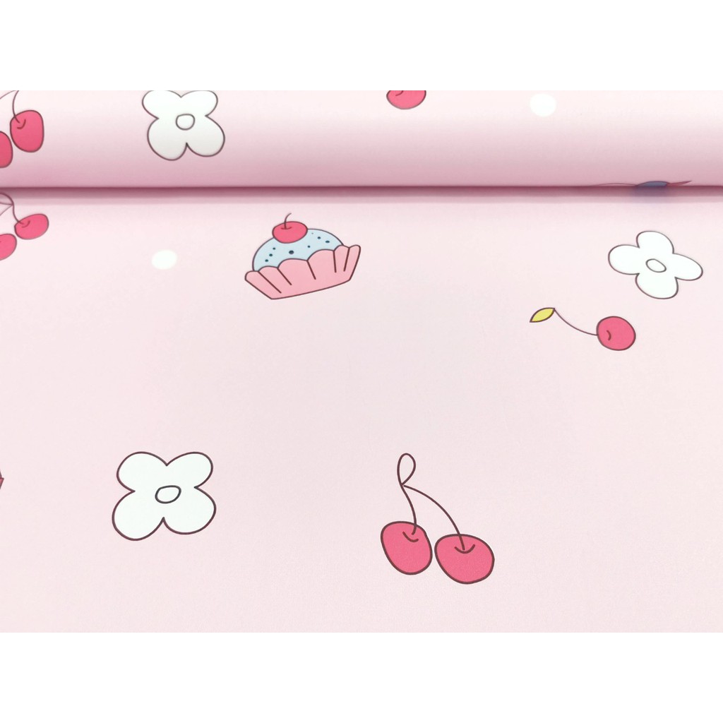 WALLPAPER WALPAPER KMK 741 STICKER DINDING KARTUN KARAKTER CUPCAKES CHERRY PINK KAMAR ANAK