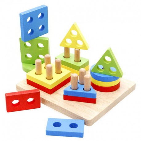 Mainan Kayu Edukasi Anak Geometric Board Stacking Tower Mengenal Bentuk Warna Shape Color Montessori Toys Wooden Board Sorting