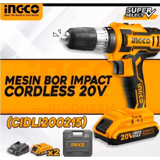 bor ingco cidli200215 20v cordless hammer impact drill driver 2 battry mesin bor baterai tembok beto