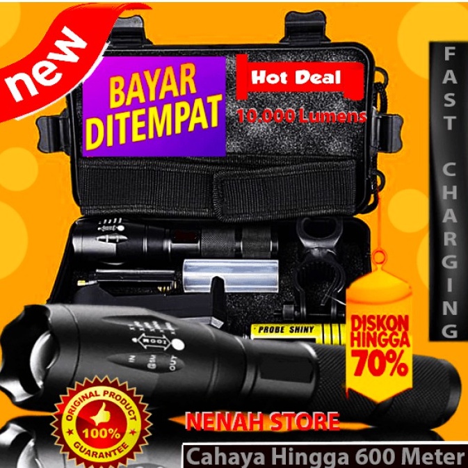 Senter Led terbaik Super Terang XM L2 Fulllset + Baterai 18650 + Charger