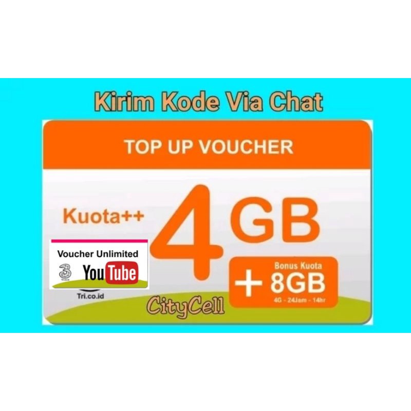 Voucher TRI AON 4GB / PM4 22GB Unlimited Yutub - Kirim Kode