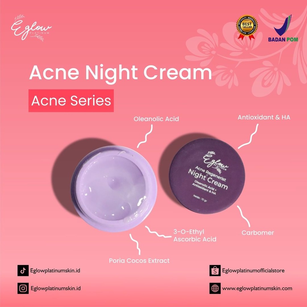 Eglow Platinum Bpom Ecer Skincare Perawatan Kecantikan Wajah Wanita Terbaru Murah A19-NIGHTCREAM ACNE NEW