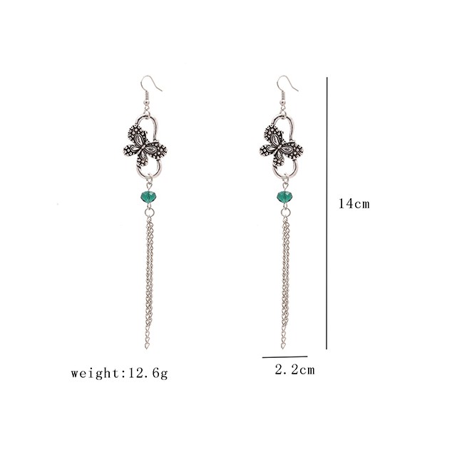 LRC Anting Gnatung Fashion Ancient Silver Tassel Butterfly Diamond Hollow Alloy Earrings K43714