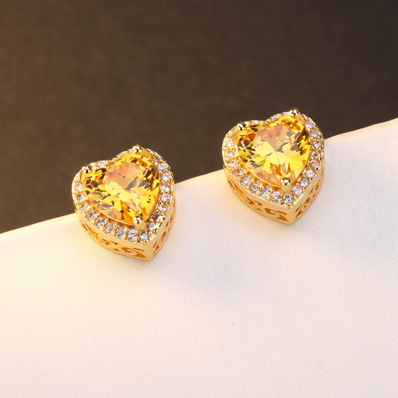 Fancyqube Anting Stud 925 Silver Bentuk Hati Aksen Batu Permata Zirkon Citrine Untuk Wanita