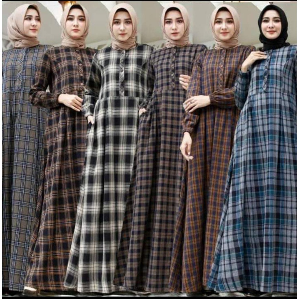 baju gamis wanita dress muslim terbaru FLANEL JUMBO XXXL [ LD 130BB 95-120 KG ] GAMIS KOTAK-KOTAK M 
