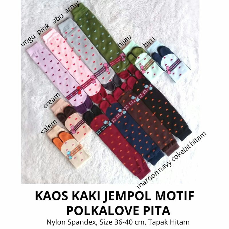 Kaos Kaki Jempol Wanita Muslimah Motif Polkalove Pita (Nylon Spandex, Tapak Hitam, Size L, Panjang)